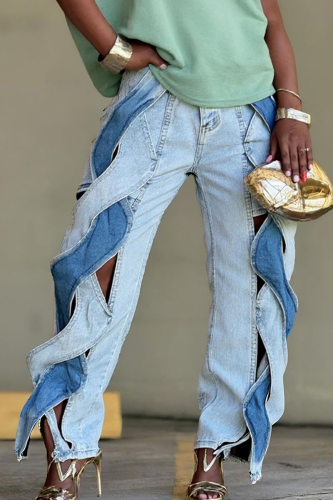 Casual Hollow Out Contrast Mid Waist Loose Denim Jeans