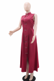 Casual Elegant Solid Color Buckle Slit O Neck A Line Dresses