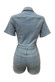 Casual Solid Color Pocket Buckle Turndown Collar Short Sleeve Skinny Denim Jumpsuits