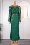 Elegant Solid Color Hot Drill O Neck Long Plus Size Dresses