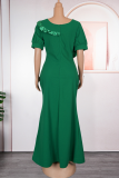 Elegant Solid Color Slit Zipper Rhinestone Decor Square Neck Long Plus Size Dresses