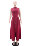 Casual Elegant Solid Color Buckle Slit O Neck A Line Dresses