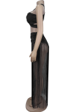 Sexy Solid Color Fringed Trim Ruched Asymmetrical Collar Sleeveless Two Pieces