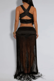 Sexy Solid Color Fringed Trim Ruched Asymmetrical Collar Sleeveless Two Pieces