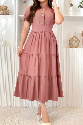 Elegant Solid Color Buckle Mandarin Collar A Line Dresses