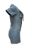 Casual Solid Color Pocket Buckle Turndown Collar Short Sleeve Skinny Denim Jumpsuits