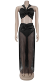 Sexy Solid Color Fringed Trim Ruched Asymmetrical Collar Sleeveless Two Pieces