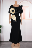 Elegant Solid Color Slit Zipper Rhinestone Decor Square Neck Long Plus Size Dresses
