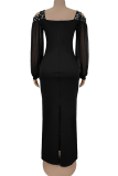 Elegant Solid Color Slit Hot Drill Spaghetti Strap Long Dresses