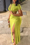 Sexy Solid Color Hollow Out Slit O Neck Long Dresses