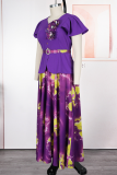 Elegant Print Buckle With Belt V Neck A Line Plus Size Dresses