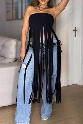 Sexy Solid Color Fringed Trim Strapless Tops