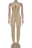 Sexy Solid Color Hollow Out Halter Skinny Jumpsuits