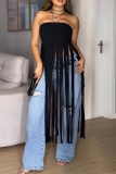 Sexy Solid Color Fringed Trim Strapless Tops