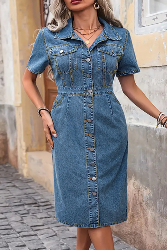 Sexy Solid Color Buckle Turndown Collar Denim Plus Size Dresses