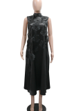Casual Solid Color Strap Design Flower Shape O Neck Long Dresses
