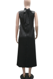 Casual Solid Color Strap Design Flower Shape O Neck Long Dresses
