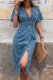 Sexy Solid Color Buckle Turndown Collar Short Sleeve Bodycon Denim Dresses