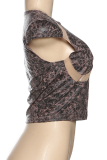 Sexy Print Hollow Out O Neck Tops