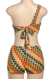 Sexy Print Backless Irregular Oblique Collar Sleeveless Two Pieces