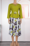 Elegant Print With Belt O Neck Long Plus Size Dresses