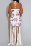 Elegant Print Fringed Trim Backless Halter Long Dresses
