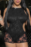 Sexy Solid Color Lace Hollow Out O Neck Skinny Rompers