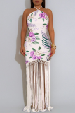 Elegant Print Fringed Trim Backless Halter Long Dresses