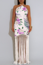 Elegant Print Fringed Trim Backless Halter Long Dresses