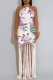 Elegant Print Fringed Trim Backless Halter Long Dresses