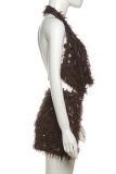 Sexy Solid Color Fringed Trim Backless Halter Sleeveless Two Pieces