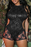 Sexy Solid Color Lace Hollow Out O Neck Skinny Rompers