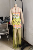Elegant Print Fringed Trim Backless Halter Long Dresses