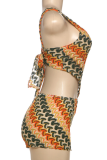Sexy Print Backless Irregular Oblique Collar Sleeveless Two Pieces