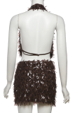 Sexy Solid Color Fringed Trim Backless Halter Sleeveless Two Pieces