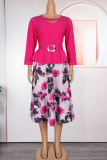 Elegant Print With Belt O Neck Long Plus Size Dresses