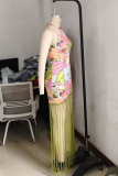 Elegant Print Fringed Trim Backless Halter Long Dresses