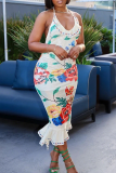 Elegant Print Backless Ruffle Hem Halter Long Dresses