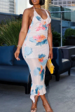 Elegant Print Backless Ruffle Hem Halter Long Dresses