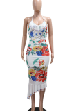 Elegant Print Backless Ruffle Hem Halter Long Dresses