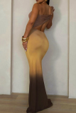 Sexy Gradient Color Hollow Out Asymmetrical Collar Evening Dresses
