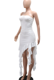 Sexy Solid Color Ruffle Hem Strapless Irregular Dresses