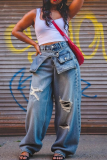 Casual Solid Color Ripped Mid Waist Loose Denim Jeans