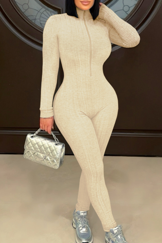 Casual Sportswear Solid Color Zipper Turtleneck Skinny Jumpsuits