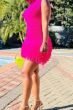 Sexy Solid Color Fringed Trim O Neck Wrapped Skirt Dresses