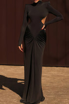 Elegant Solid Color Backless Ruched Turtleneck Evening Dresses