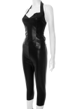 Sexy Solid Color Backless Halter Sleeveless Two Pieces