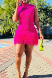 Sexy Solid Color Fringed Trim O Neck Wrapped Skirt Dresses