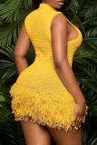 Sexy Solid Color Fringed Trim O Neck Wrapped Skirt Dresses