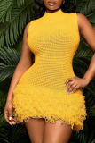 Sexy Solid Color Fringed Trim O Neck Wrapped Skirt Dresses